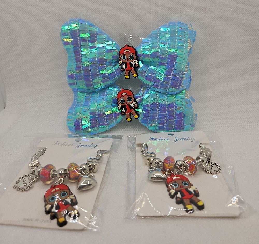 Fashion Jewelry Set with Blue Bow and Character Charms